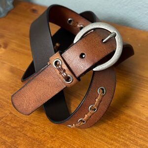 Rolfs Brown Tan Leather Belt Grommets Leather Weave Detail XL